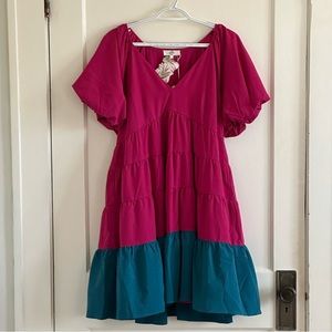 Entro magenta color-block puff sleeve dress